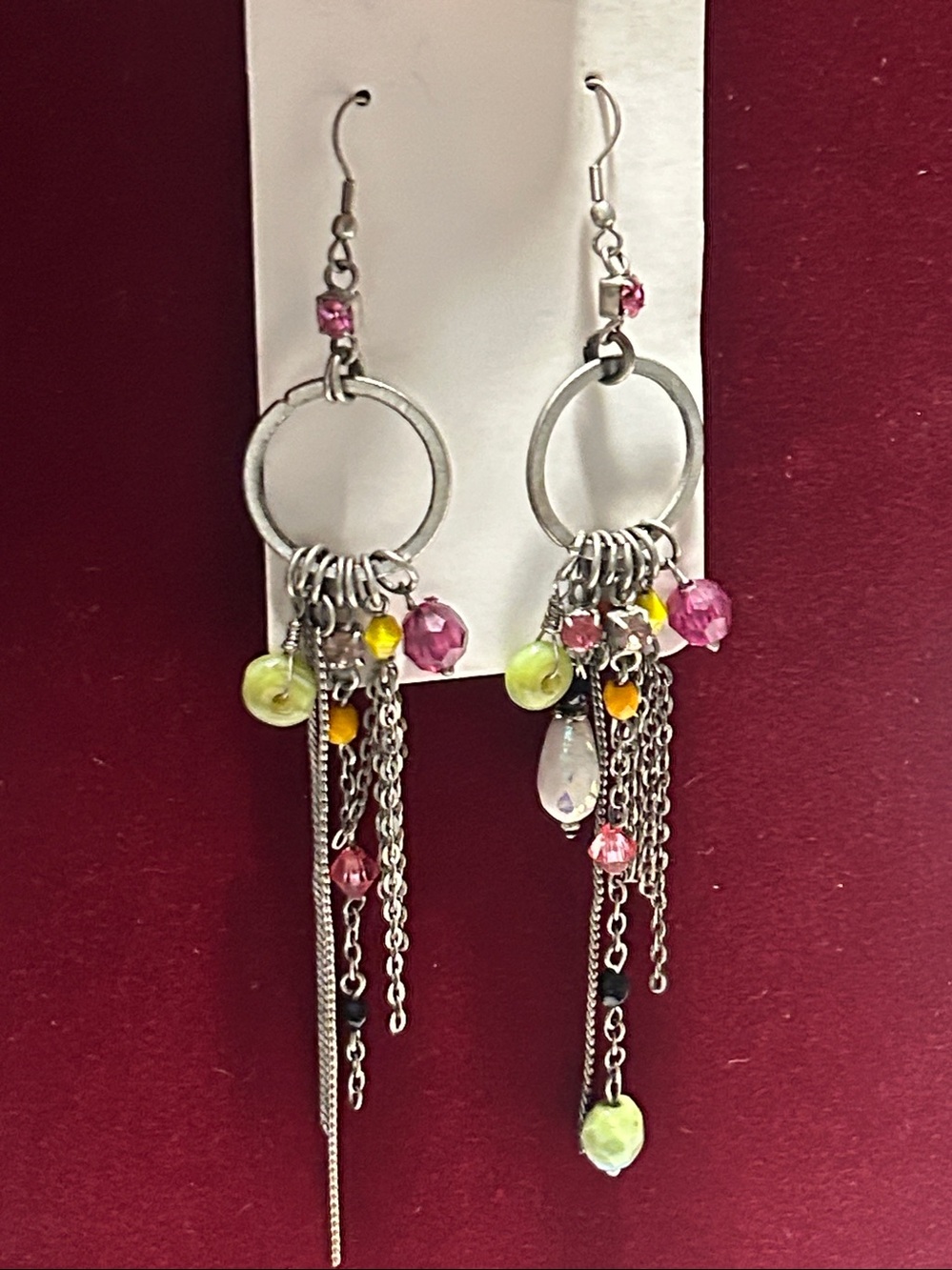 Colorful Bead & Chain Dangle Earrings - Pink, Yellow & Green